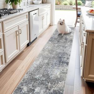 2x10 ft Washable Hallway Runner Rug Non-Slip Stain-Resistant Low-Pile Long Carpet Runner for Kitchen Entryway Living Room Bedroom Bathroom, Modern Abstract Neutral (Blue Gray,2x10)