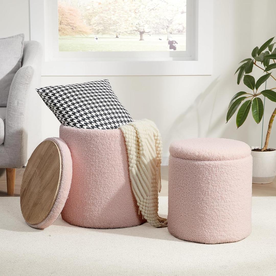 Royal Windsor Boucle Round Ottoman with Storage Set of 2,Small Foot Stool Ottoman for Living Room, Small Coffee Table,Vanity Stool with Storage for Bedroom, Pink, 14.8"D x 14.8"W x 17.3"H