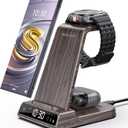 Wireless Charger for Samsung Charging Station: 3 in 1 Android Charging Stand with Dimmable Clock - Nightstand Organizer for Galaxy S25 Ultra, Galaxy Watch 8 7 6 5 4, Galaxy Buds, Space-Saving Charger (Woodgrain)