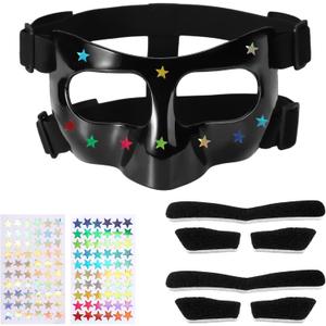 Nose Guard for Broken Nose, 5.9x3.74 in Adjustable Face Shield with Pads Star Stickers Guard Sports Training Face Mask Nose Protector for Kids Adults Teens Basketball Soccer Baseball Football(Black)