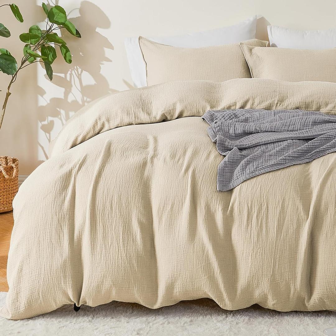 EMME Muslin Cotton Duvet Cover Set Light Tan King Size Linen Like Soft Breathable Lightweight Summer Comforter Cover Set with Zipper Closure (Light Tan, King, 104"x90")