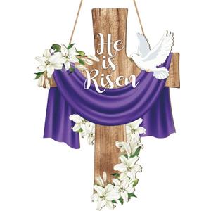 He is Risen Easter Decoration Wooden Extra Wreaths for Front Door Sign Cross Door Wall Signs 24Inch, Christian Jesus Lily Flowers Ornaments Hanging Crafts for Spring Home Farmhouse Party Porch Decor (Large)