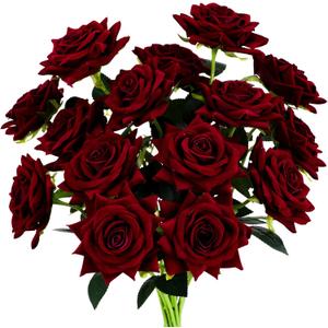 Floweroyal 15PCS Burgundy Roses Artificial Flowers 4.33" Velvet Flowers with Long Stem Fake Roses for Valentine's Day, Wedding Bridal Bouquets, Floral Arrangement, Table Centerpieces, Home Decorations (Dark Red)