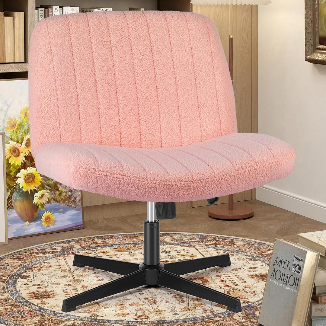 OLIXIS Criss Cross Chairs Legged Armless No Wheels Wide Seat Height Adjustable Swivel Rolling Padded Furry Cute Home Office Desk Seating for Bedroom, Student, Study Room (Teddy Pink)