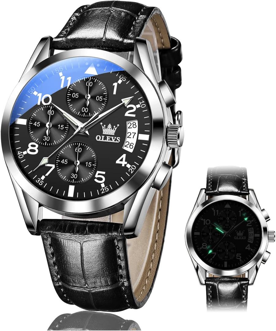 OLEVS Men's Chronograph Quartz Watches, Leather Strap Gold Case with Day Date, Waterproof Stainless Steel Wrist Watch, Luminous Hand Analog Watches for Men, Brown/Black/Blue/White Dial