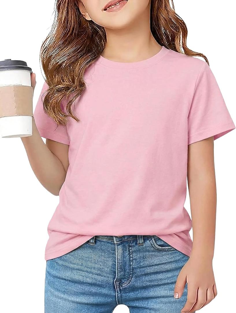 Girls Summer Short Sleeve T Shirts Casual Kids Tops Crewneck Tees Tween Girls Basic Cloth 8-9 Years (Pink)