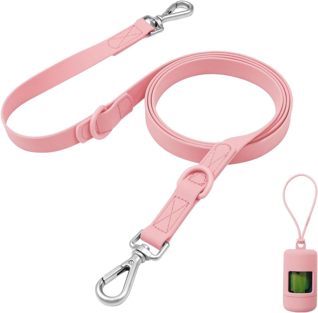 Waterproof Dog Leash with Poop Bag Holder, 5FT/6FT Adjustable Length with 2 Swivel Hooks, Odor-Free & Easy-Clean Dog Lead for Large Medium Small Dogs (5FT - 3/5inch Width, Pink)