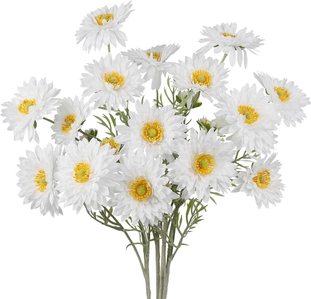 CISDUEO 4 Pcs Artificial Wildflowers Bulk Spring Decor White Fake Cosmos with Long Stems Silk Flower Mums Chrysanthemum Faux Flowers Arrangements for Wedding Bouquet Table Centerpiece Planter Outdoor