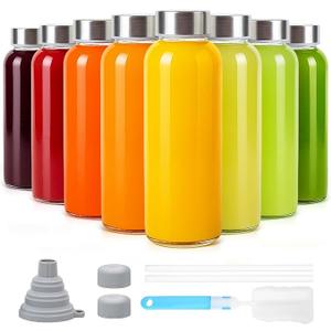 Sursip 10 oz Glass Juice Bottles, 8 Pack with Stainless Steel Lids – Reusable Small Glass Bottles for Smoothies, Iced Tea & Milk – LeakProof, BPAFree, Dishwasher Safe