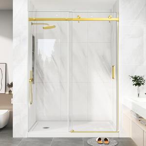 KPUY Frameless Shower Door, 55-60" W x 76" H Sliding Glass Shower Door, 1/4" (6mm) Thick Tempered Clear Glass with Explosion-Proof Film Nano Coating, Brushed Gold