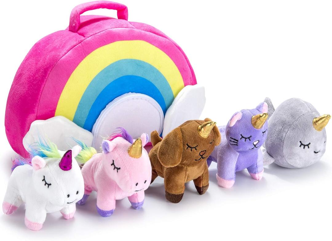 Stuffed Toy Unicorn Animal Set  Set of 5 Stuff Toys - Graduationwith Rainbow Carry Bag - 2 Unicorns, Kitty, Puppy, and Narwhal  Toddler Birthday Gift for Girl Idea Age 3, 4, 5, 6, 7, 8 Year Old
