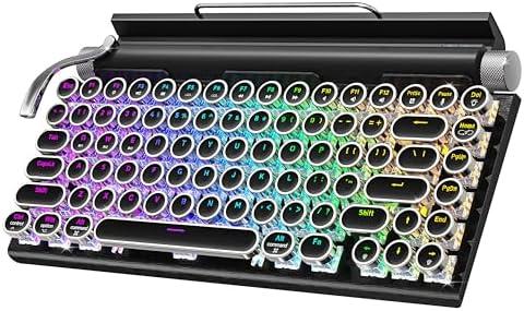 Retro Typewriter Wireless Mechanical Gaming Keyboard, Bluetooth 5.0 Office Computer Vintage Keyboards 83-Key Blue Switches Punk Round Keycap, LED Backlight, Compatible with PC/Laptop/Pad/Phone, Black