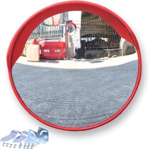 24" Curved Security Mirror with Brackets Install on Pole, Corner Security Blind Spot Mirror with Adjustable Wide Angle View for Garage,Warehouse,Parking Outdoor Use (Red)