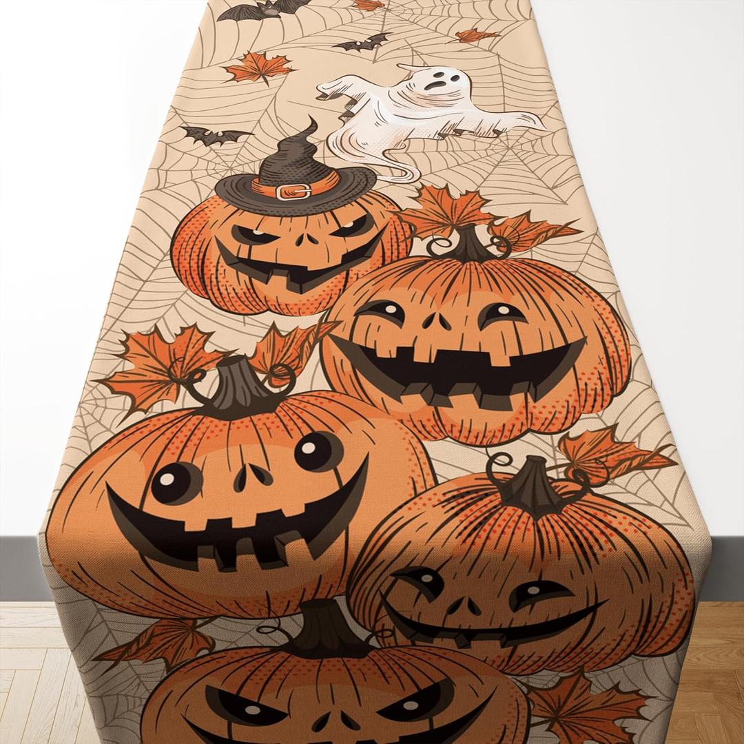 4 x OHOME Halloween Decorations - Waterproof Table Runner for Indoor Outdoor | Halloween Pumpkins Leaves Ghost Bats Table Decor of Party Favors Supplies Backdrop Tablecloth for Home Office Kitchen