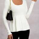 Women's Scoop Neck Peplum Sweater Long Sleeve Cable Knit Dressy Casual Pullover Tops (White, M)