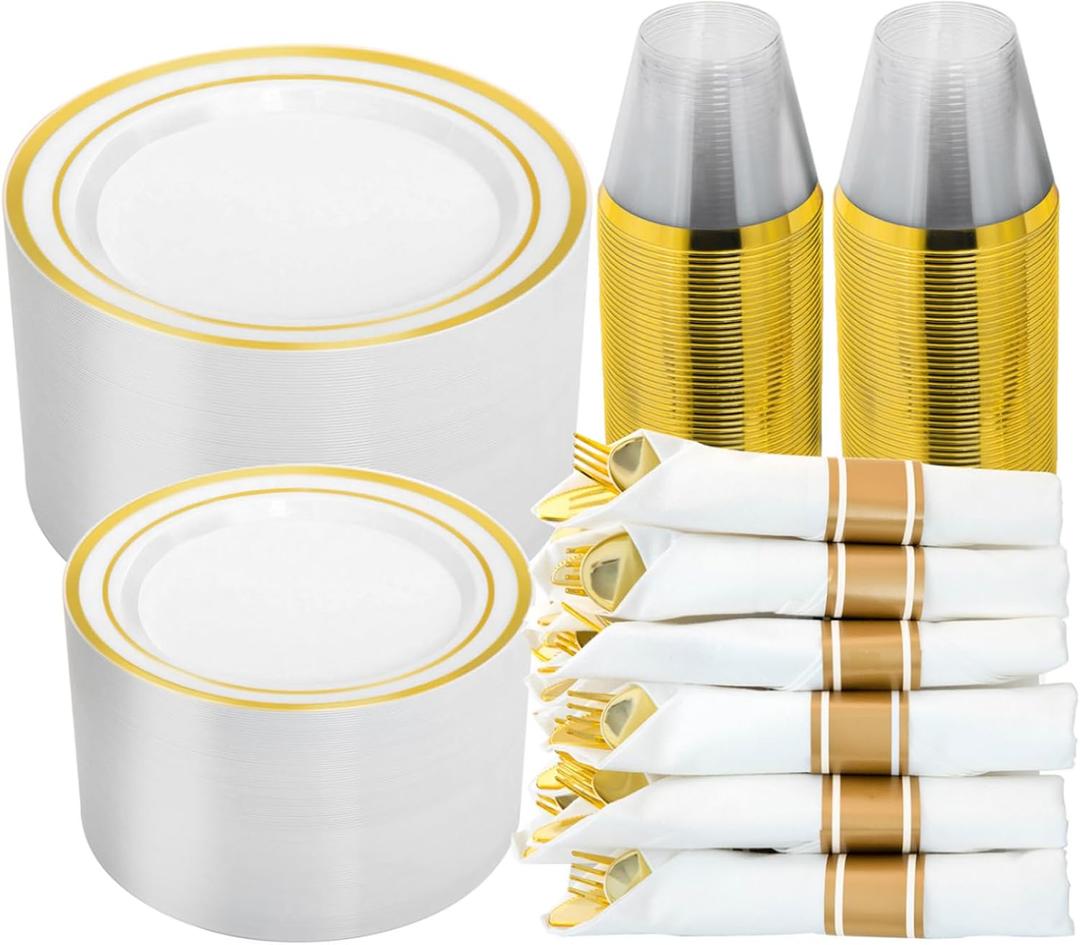 N9R 350 PCS Gold Plastic Dinnerware Set for 50 Guests, Gold Plastic Plates, Disposable Plate for Party, Include: 50 Dinner & Dessert Plates, 50 Pre Rolled Napkins with Silverware and 50 Cups