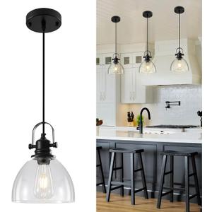 Kitchen Pendant Lights Over Island, 7.5 inch Farmhouse Glass Pendant Light, Industrial Black Pendant Lights Kitchen Island 1-Pack, Hanging Kitchen Pendant Light for Dining Room,Bar, Cafe