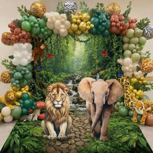 VitalCozy 7pcs Vbs 2026 Safari Party Decorations Jungle Rainforest Themed Party Porch Banners Green Rug Green Foil Fringe Backdrop Curtains for Wild Animals Birthday Photo Background Entryway Decor