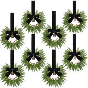 Dingion 8 Pcs 9.8" Small Christmas Cabinets Wreaths Mini Wreaths for Kitchen Window Chair Backs with Ribbon Bell Artificial Greenery for Farmhouse Holiday Decoration(Velvet,Classic,Black)