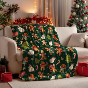 Horaldaily Christmas Flannel Blanket Throw, Green Gingerbread Man Christmas Bear Soft Fuzzy Plush Cozy Fleece Blankets for Couch Sofa Bed Lounging, Ideal Gifts for Kids Adults Wife Self, 60x80