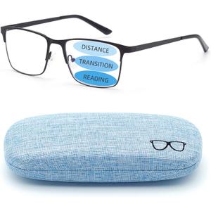 Progressive Multi focus Reading Glasses, Blue Light Blocking Metal Spring Hinge Readers with Hard Case, Black 2.5 x