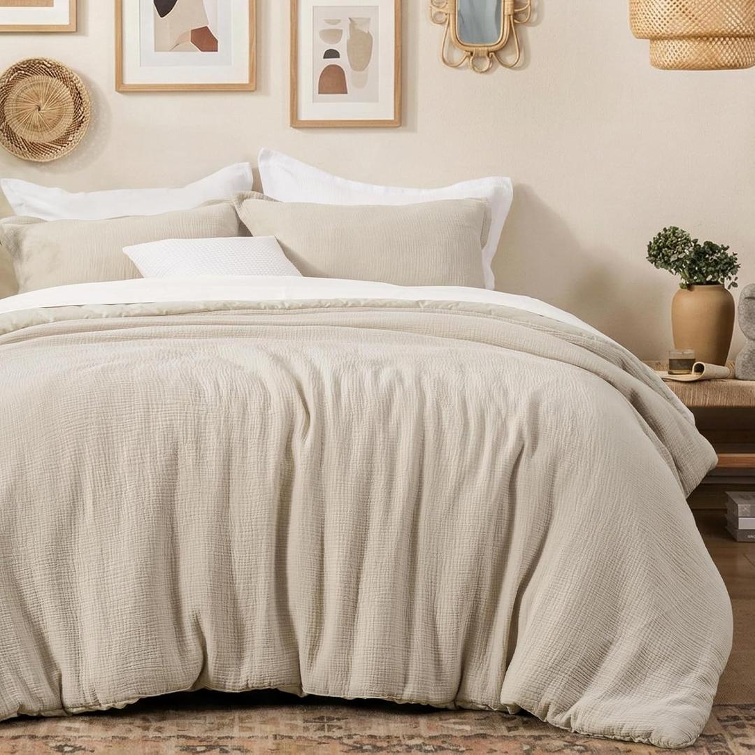 David's Home Cotton Muslin Comforter Set Queen Size, Soft Lightweight Breathable Cozy Skin-Friendly, 3PCS Linen Like Gauze Bedding with Pillow Shams, Aesthetics Home Decor & Giftable, Natural