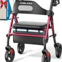 Foldable Rollator Walkers with Seat for Seniors, 8'' Big Wheels, 350 lb. Weight Capacity, Adjustable Handles and Seat Height, Lightweight Rolling Walker, Red