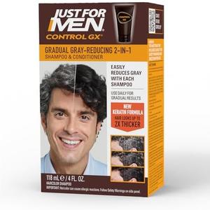 Just for Men Control GX Grey Reducing 2-in-1 Shampoo and Conditioner, Gradual Hair Color with Keratin for Stronger Thicker and Healthier Looking Hair, 4 Fl Oz - Pack of 1 (Packaging May Vary), Pack of 3