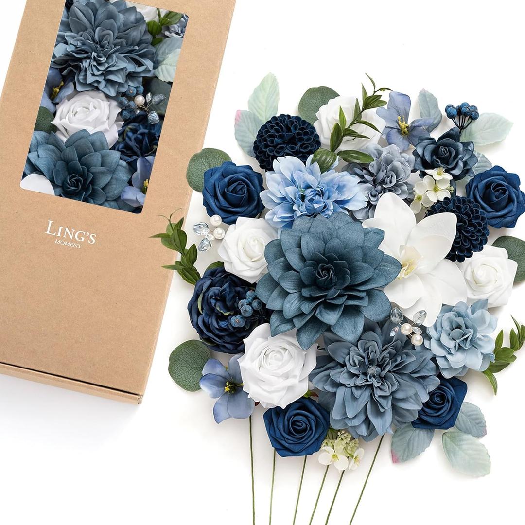 Ling's moment Fake Flowers Box, Faux Artificial Greenery Stems Foam Roses Gardenias Silk Dahlia Peony Fabic Flower for Centerpieces Bouquet Wedding Vase Decorations, Dusty Blue & Navy, Deluxe Combo