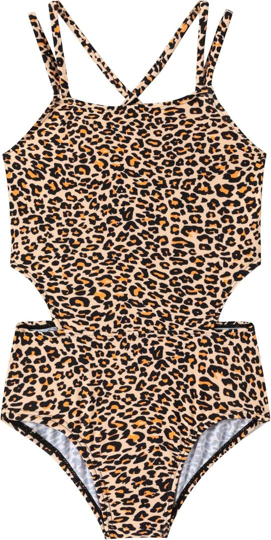 LIZENS Girls' One Piece Leopard Swimwear Cut Out Spaghetti Straps Swimsuit Floral Beach Bathing Suit for Girls Toddler Kids 7-8T