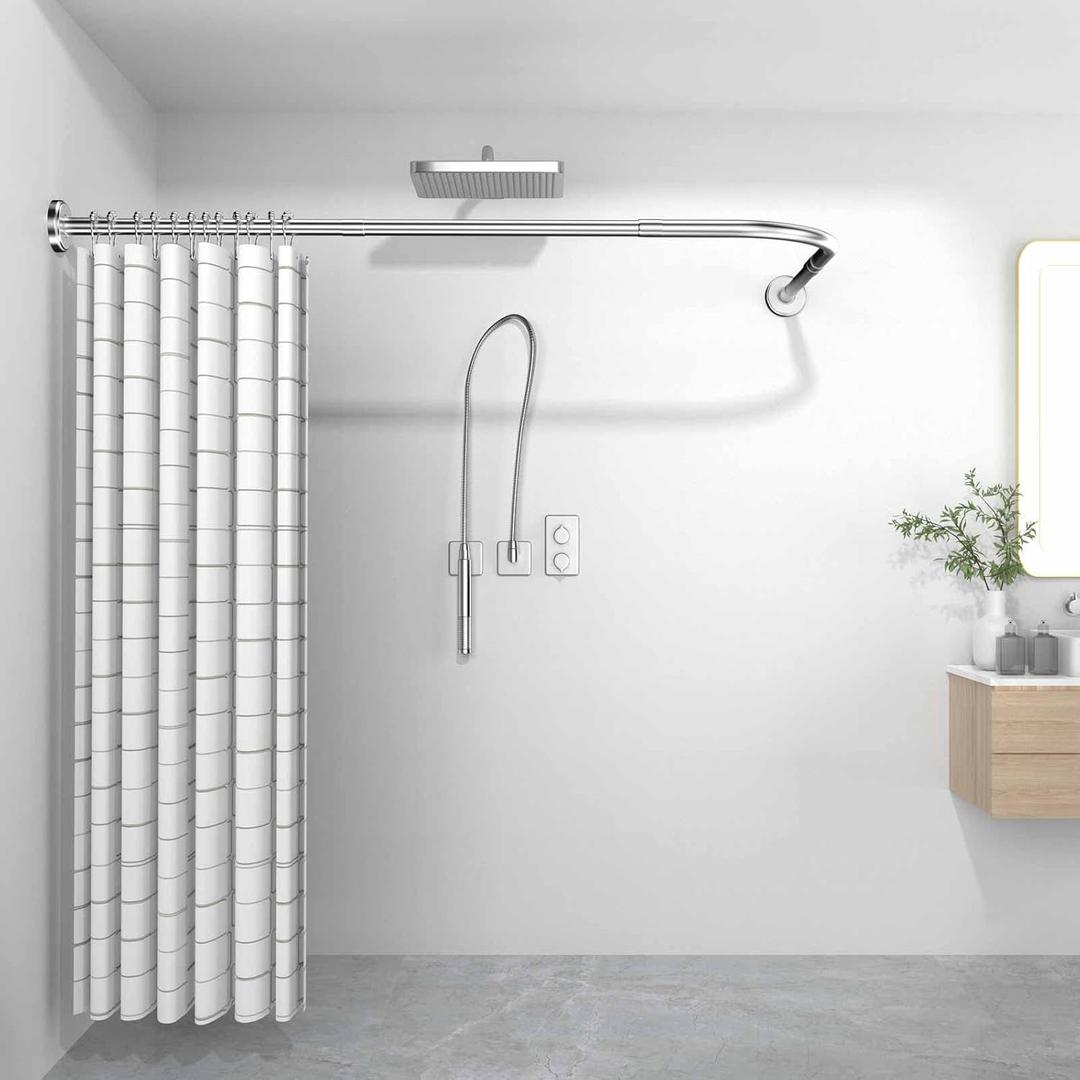 L Shaped Shower Curtain Rod - [29.5''-37.4''] x [29.5''-37.4''] Adjustable Corner Shower Curtain Rod, 304 Stainless 90 Degree Curved Curtain Rod for Bathroom Bathtub with 24 Ring Hooks