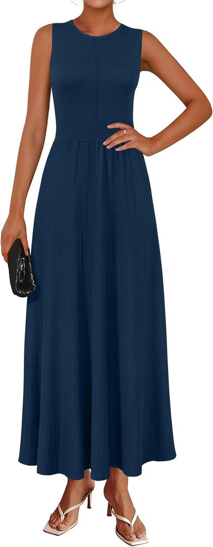 Arach&Cloz Womens Summer Maxi Dress 2025 Crew Neck Sleeveless Knitted Church Work Business Casual Outfits Long Dresses (Navy) XL