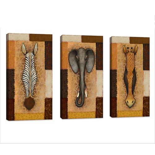 iHAPPYWALL 3 Pieces Vintage Giraffe Zebra Elephant Canvas Wall Art African Animal Landscape Picture Artwork for Rustic Bedroom Home Decor Ready to Hang 12x24inch x 3pcs
