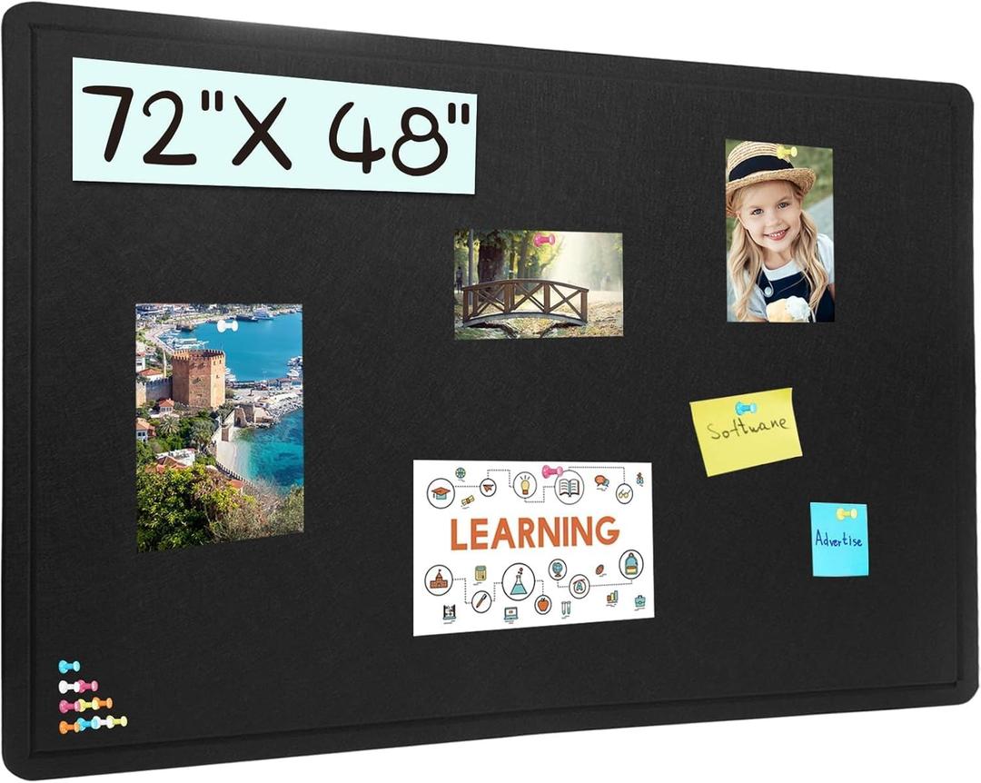 Large Bulletin Board - 72 X 48 inches Cork Board with 30 Pushpin, 6' x 4' Felt Cork Board Notice Pin Board, Self-Adhesive Vision Board Mood Board Foldable Photo Board for Wall (Black)