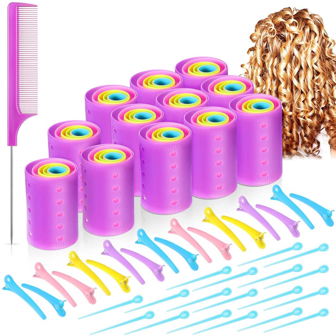 Chuangdi 141 Pcs Hair Rollers Set, Include 60 Pcs Mixed Sizes Plastic Hair Rollers with 60 Pins, 20 Duck Teeth Clips and Rat Tail Comb, Hairdressing Salon Curlers Tools for Women DIY Styles