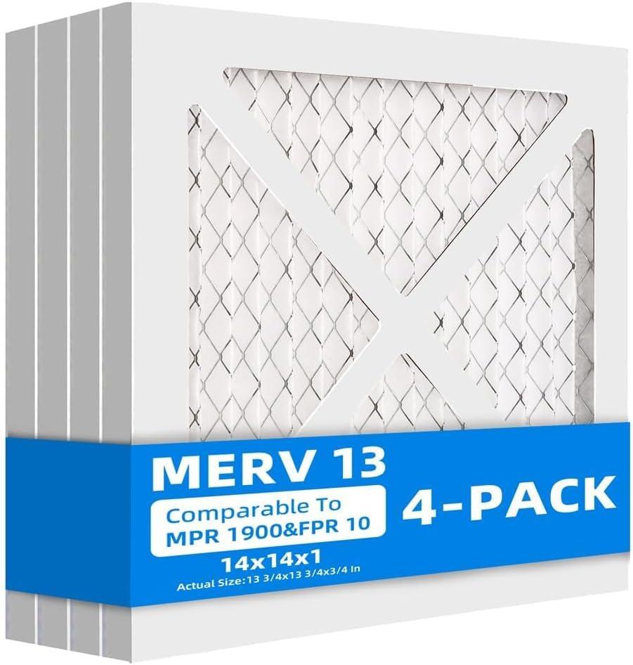 (4 Pack) 14x14x1 Furnace Air Filters, MPR 1900 & FPR 10, MERV 13 Pleated Air Filter (Actual Size: 13.75x13.75x0.75 inch)