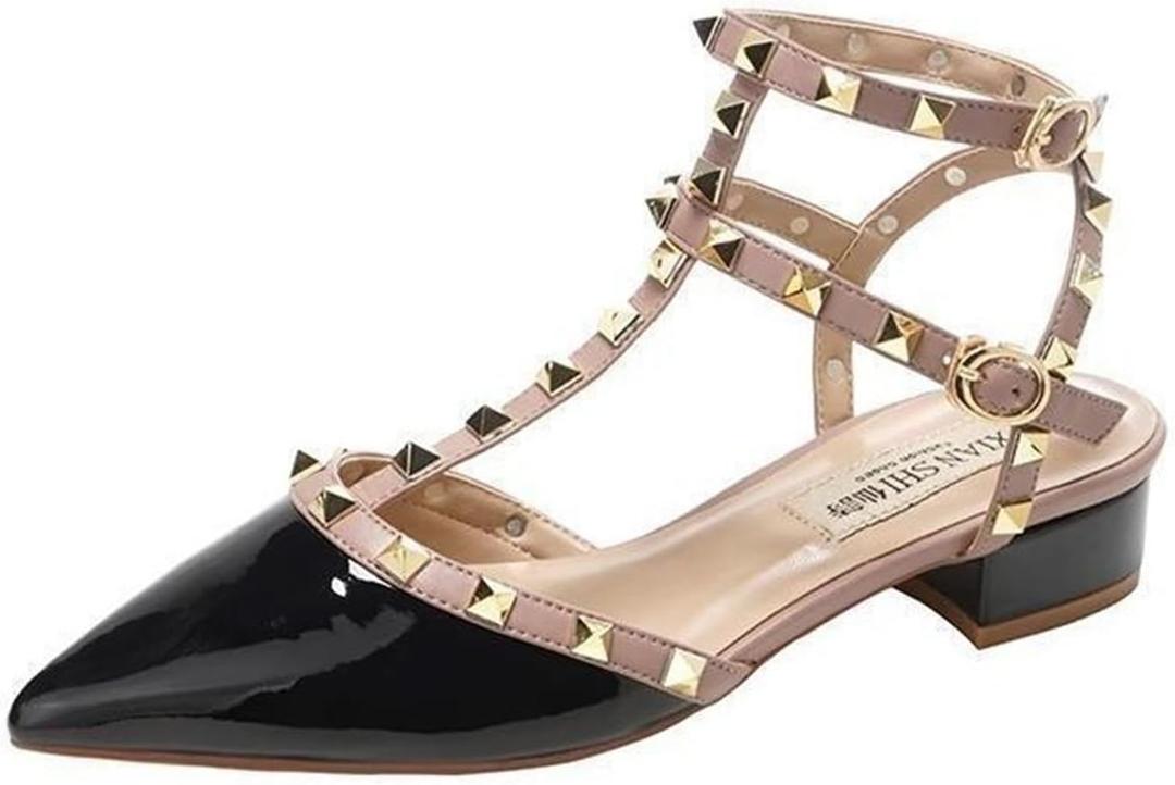 Women'S Studded Pointed Toe Flat Sandals Sexy Adjustable Strap Slide Mules For Party Outfits Dressy Occasions (Size 10, Black)