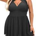 Women Plus Size One Piece Swim Dress Halter V Neck Sexy Bathing Suit Built in Panties Swimdress Romper Swimsuit, 2X