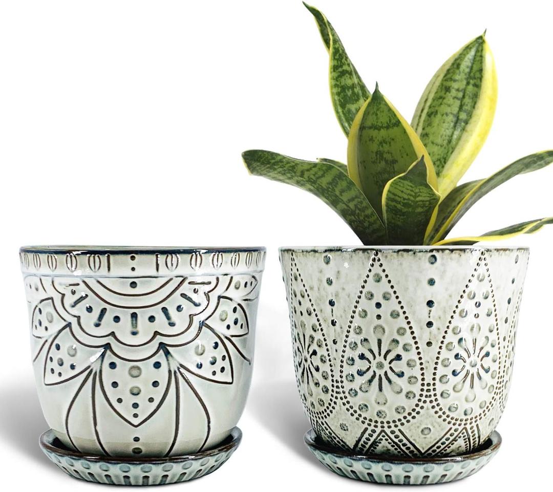 Gepege 6 Inch Beaded Ceramic Planter Set of 2 with Drainage Hole and Saucer for Plants, Indoor-Outdoor Large Round Succulent Orchid Flower Pot (Smoked Gray, Inner-pots not Larger Than 5 Inch) (Cream White)