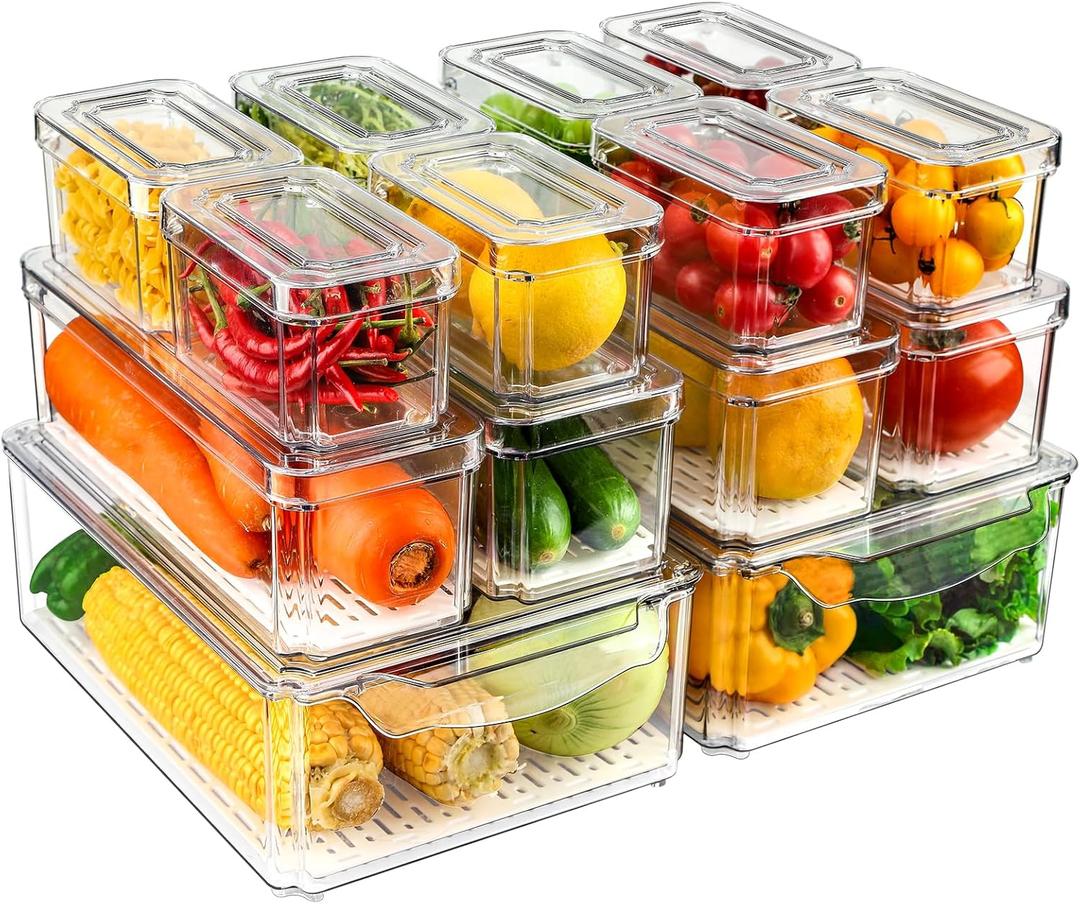 14 Pack Fridge Organizers and Storage - Refrigerator Organizer Bins with Lids, BPA-Free Fridge Organization, Fruit Storage Containers for Fridge, Vegetable, Food, Drinks, Cereals, Clear