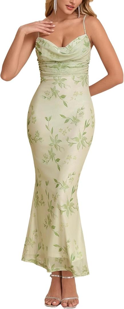 Women's Summer Floral Bodycon Maxi Dress Spaghetti Strap Sleeveless Backless Mesh Long Formal Wedding Guest Dresses M Green (Green, M)