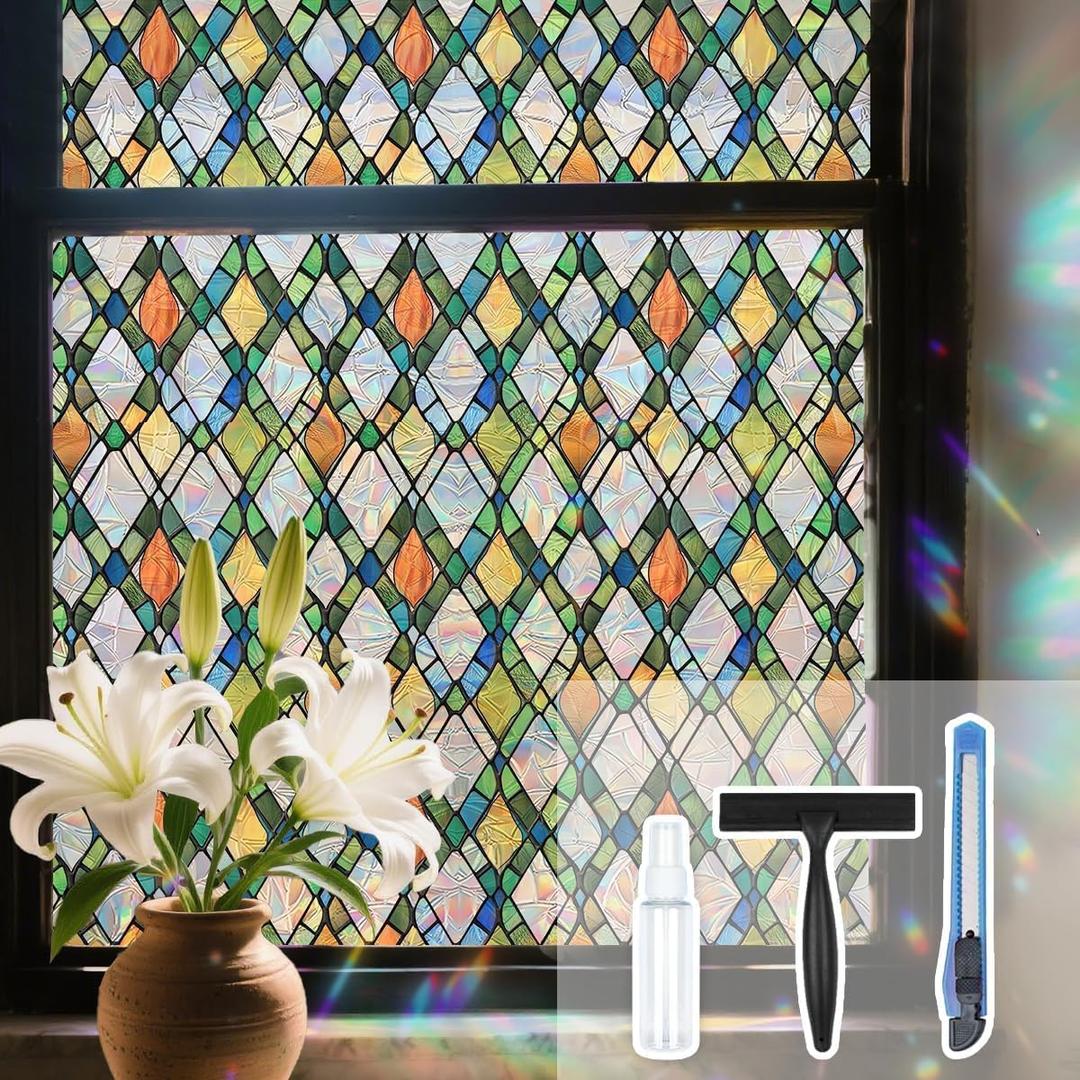 Lattice Stained Glass Window Film Static Cling with Tools - 35.4 x 78.7 Inch Non-Adhesive Privacy Decorative Rainbow Film for Windows, Doors, Sidelights - Easy Install & Remove