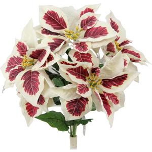 Admired By Nature 5 Stems Artificial Poinsettia Bouquet Fake Christmas Flower, Faux Velvet Poinsettia Christmas Bush for Home Decor, Holiday Bush, Indoor Floral, Christmas Cemetery Flowers, White/Red (Peppermint Crme)