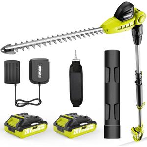 EWORK 20V Cordless Pole Hedge Trimmer with 2 * 2.0Ah Batteries and Charger, 18-Inch Dual Action Blade, 6.3Ft-8.6Ft Telescopic Pole Bush Trimmer, 11-Position Adjustable Head, 6lbs Lightweight