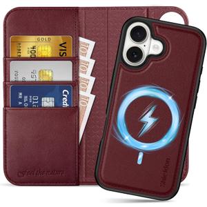 SHIELDON Genuine Leather 2 in 1 Wallet Case for iPhone 17 6.3-inch 2025 | Detachable | Wireless Charging | RFID Blocking Card Slot | Kickstand | Shockproof | Magnetic Cover | Wine Red