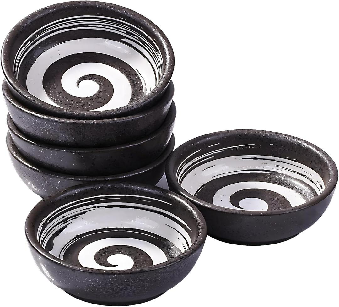 Japanese Porcelain Side Dishes Seasoning Dish 3.7 Inch Ceramic Dipping Sauce Dip Bowls Set of 6 for Sushi Pinch(Black)