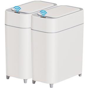 2-Pack - Bathroom Trash Can Automatic Touchless - 2 Gallon Slim Motion Sensor Garbage Can - Waste Basket for Bedroom, Laundry room, Small Spaces - Narrow Automatic Trash Bin - White with Grey Edge