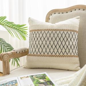 Throw Pillow Covers 20 x 20 Inch 1PC for Farmhouse Living Room, Cotton & Burlap Textured Striped Woven Boho Pillow Covers (Beige & Black Grid)