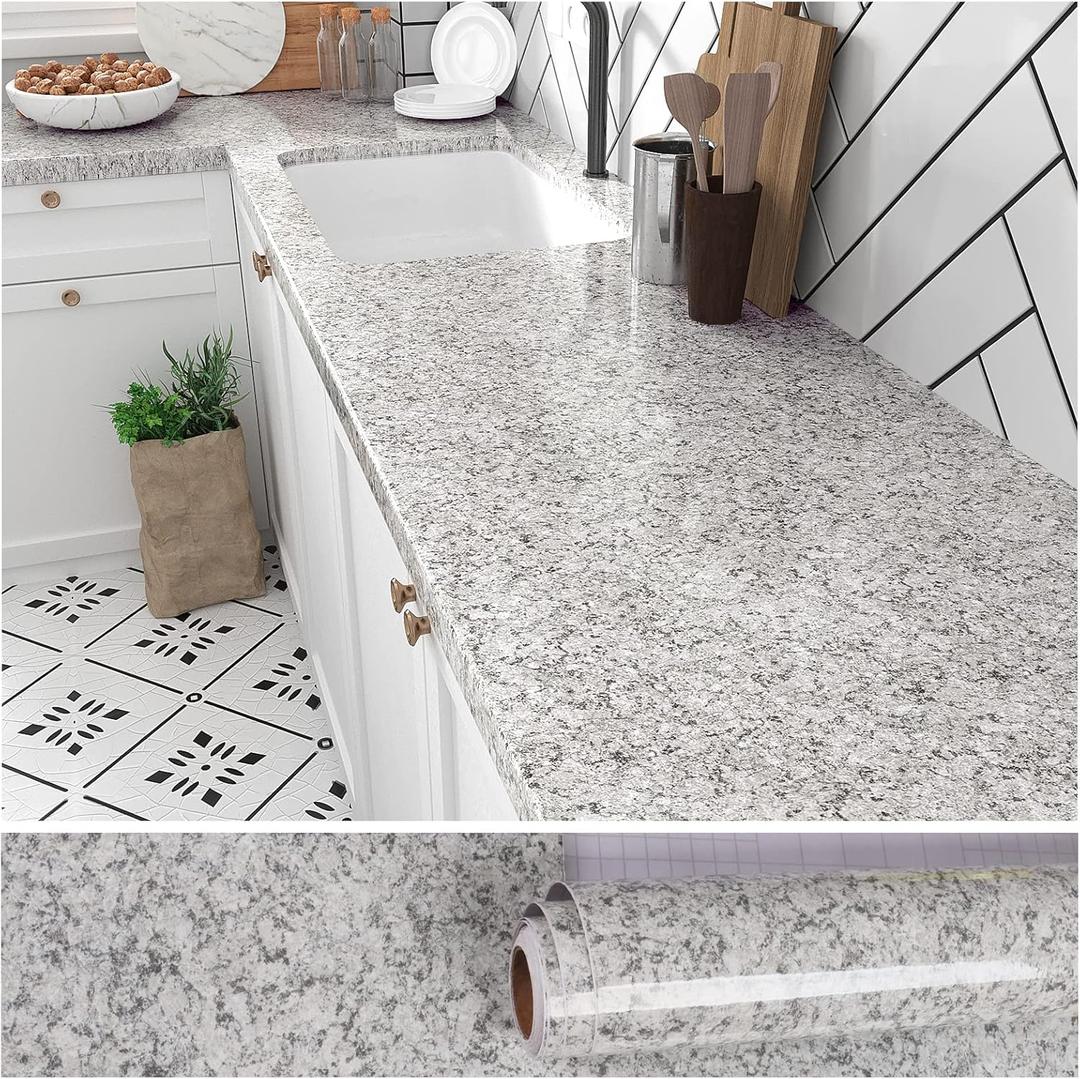 VEELIKE Grey Granite Contact Paper for Countertops Peel and Stick Waterproof Kitchen Countertop Contact Paper 24''x118'' Removable Self Adhesive Grey Marble Wallpaper for Bathroom Counter Top Covers