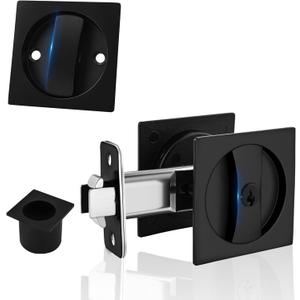 Pocket Door Hardware Matte Black Pocket Door Lock with Keys Contemporary Flush Pocket Door Latch and Edge Pull for Bed/Bath/Kitchen/Barn Door (2-3/8" Backset, for 1 3/8" to 2 3/16" Thickness Door) (Square60)